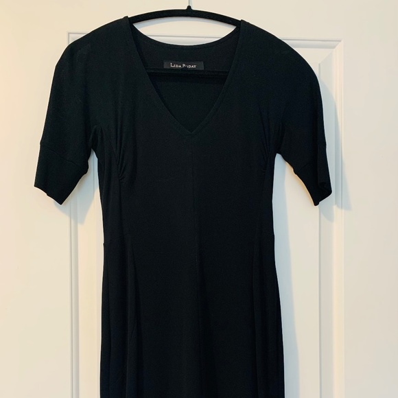 Womens Lisa Baday Size 0 Dress. Deep Black Stretch Fabric, V neck, Short Sleeves - Picture 1 of 10